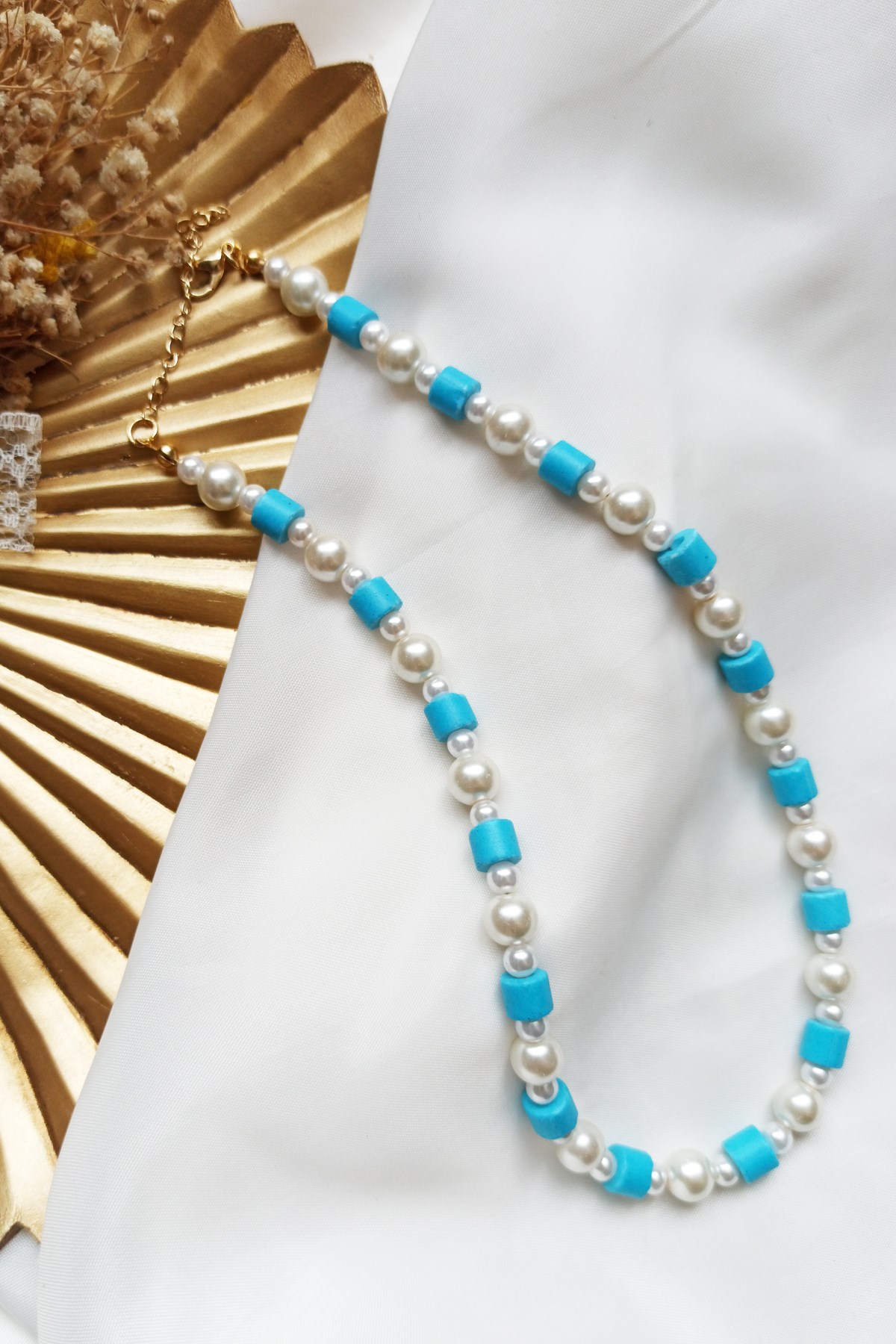 Mavi Boncuklu İnci Kolye