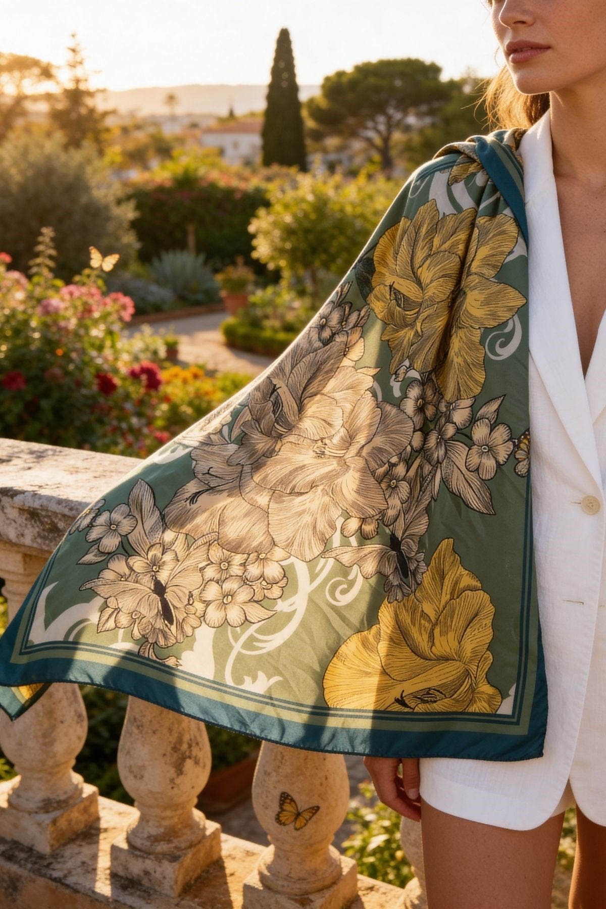 Mossomia Rönesans Bahçesi Haki Yeşil Büyük Çiçekli Fular 70x70 cm