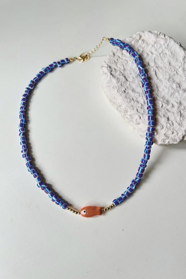 Renkli Cam Boncuk Turuncu Balık Figürlü Kolye