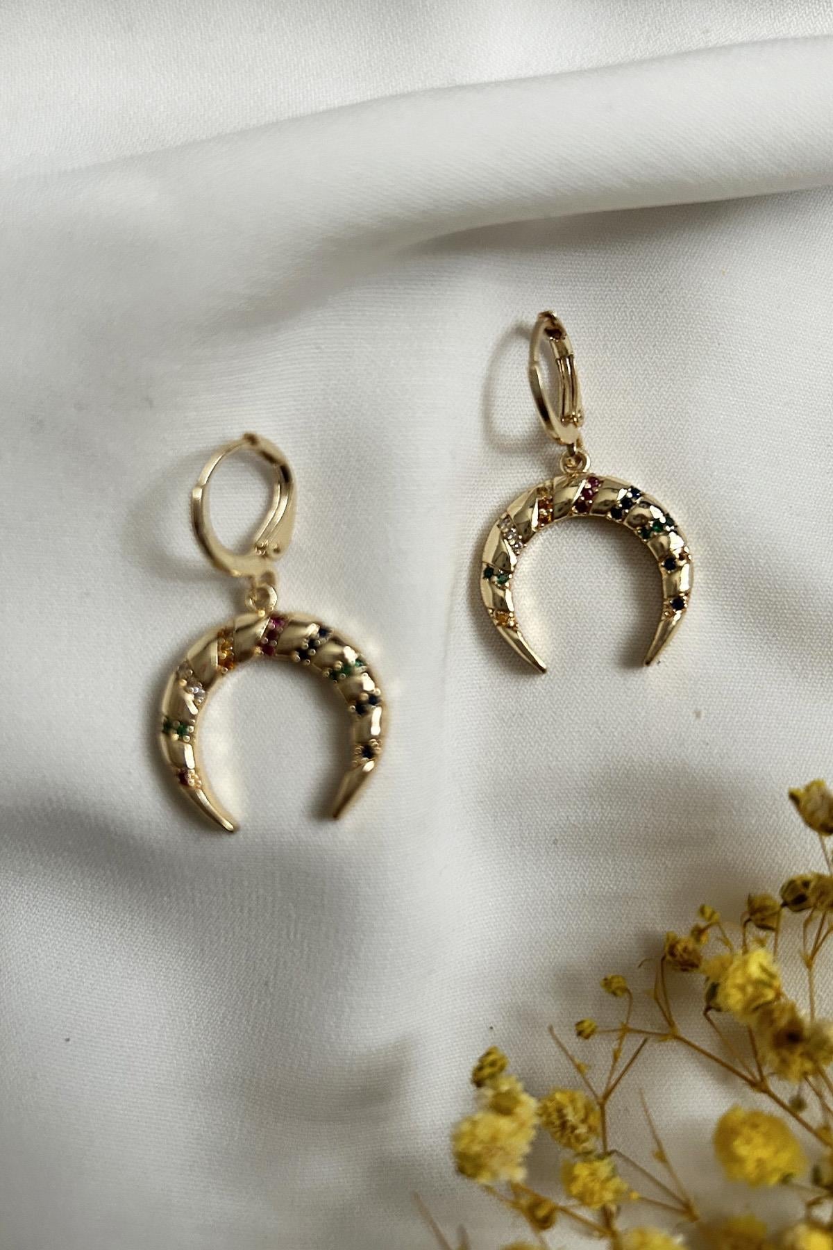 Moon Earrings with Colorful Zircon Stones
