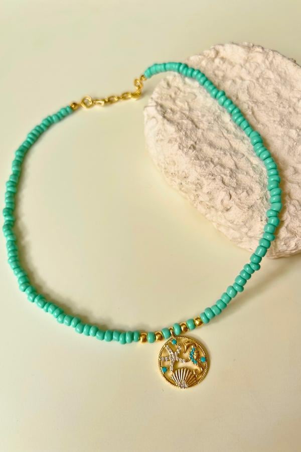 Turkuaz Cam Boncuk Denizatı Detaylı Kolye 