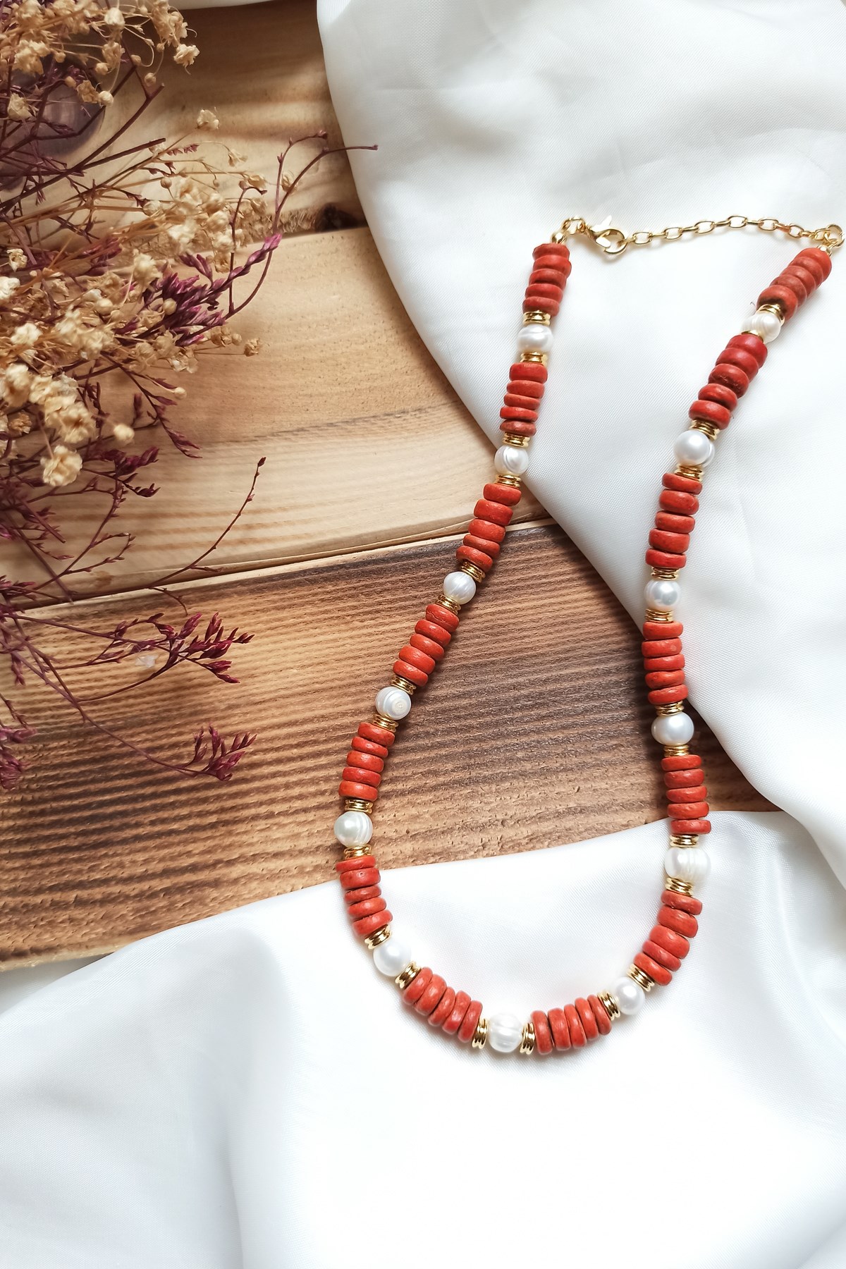 Turuncu Bambu İnci Detaylı Kolye