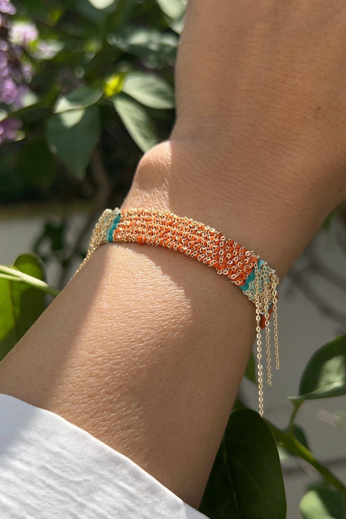 Tutkunun Işıltısı - Handmade Dokuma Turuncu Zincir Bileklik
