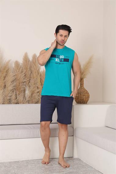%100 Pamuklu Kolsuz Cepli Erkek Şortlu Pijama Takımı 2011