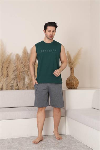 %100 Pamuklu Kolsuz Cepli Erkek Şortlu Pijama Takımı 2011