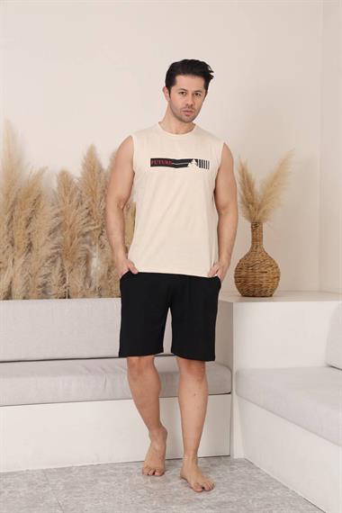 %100 Pamuklu Kolsuz Cepli Erkek Şortlu Pijama Takımı 2011