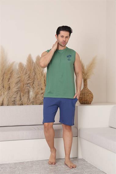%100 Pamuklu Kolsuz Cepli Erkek Şortlu Pijama Takımı 2011