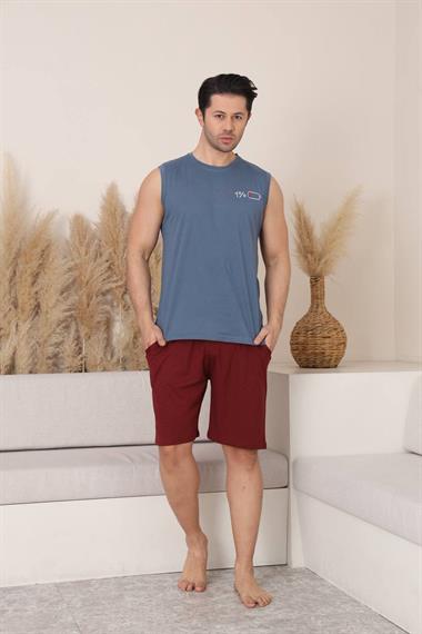 %100 Pamuklu Kolsuz Cepli Erkek Şortlu Pijama Takımı 2011