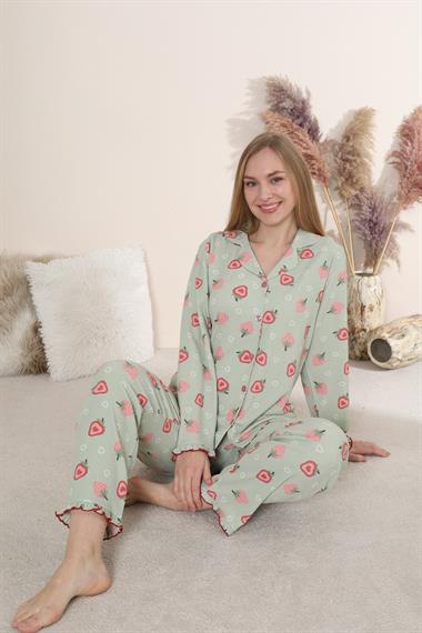 Bürümcük Kumaş Önden Düğmeli Desenli Uzun Kollu Kadın Pijama Takımı 6005