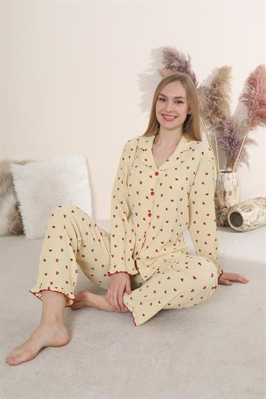 Bürümcük Kumaş Önden Düğmeli Kiraz Desenli Uzun Kollu Kadın Pijama Takımı 6006