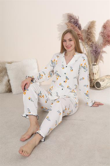 Bürümcük Kumaş Önden Düğmeli Uzun Kollu Kadın Pijama Takımı 6007