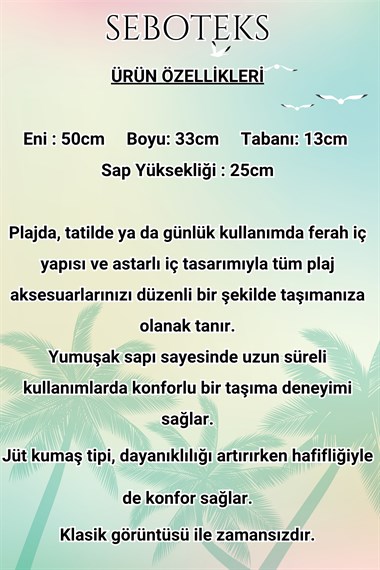 Fermuarlı İçi Astarlı Cepli Hasır Jüt Kumaş Plaj Çantası SBC3225