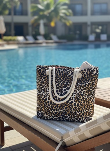 Fermuarlı İçi Astarlı Cepli Leopar Desenli Büyük Boy Plaj Çantası SBC3224