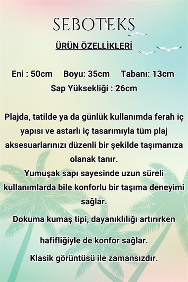 Fermuarlı İçi Astarlı Cepli Şeritli Plaj Çantası SBC3219