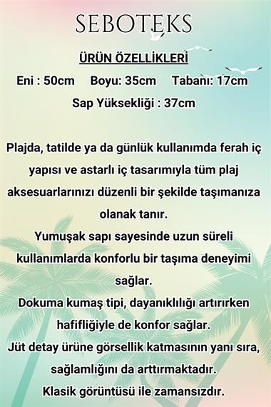 Jüt Detaylı Fermuarlı İçi Astarlı Cepli Plaj Çantası SBC3230