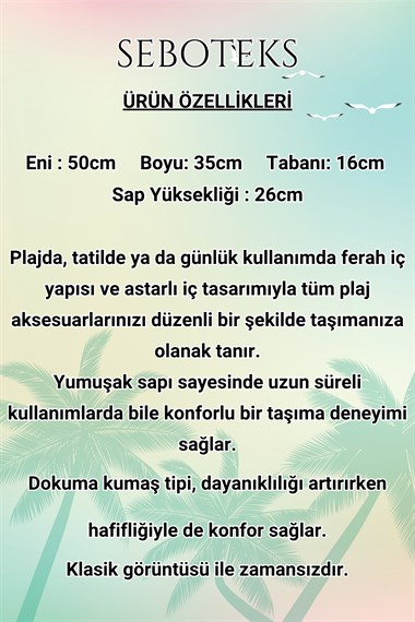 Jüt Detaylı Fermuarlı İçi Astarlı Cepli Şeritli Plaj Çantası SBC3220
