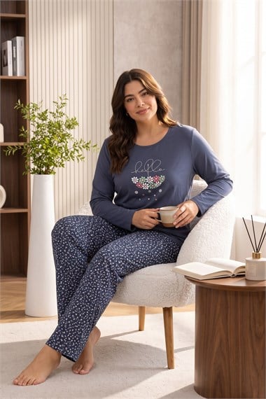 Mevsimlik Kumaş Bisiklet Yaka Uzun Kollu Büyük Beden Kadın Pijama Takımı 400