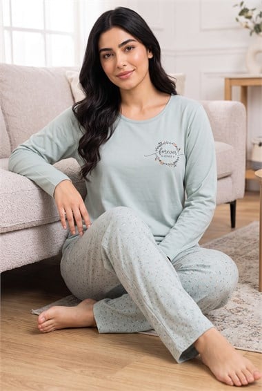 Mevsimlik Kumaş Bisiklet Yaka Uzun Kollu Büyük Beden Kadın Pijama Takımı 400