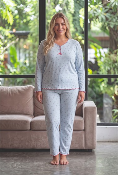 Raporlu İnterlok Kumaş Yakası Düğmeli Kışlık Büyük Beden Kadın Pijama Takımı 2900