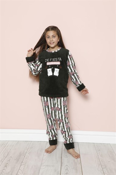 SEBOTEKS Fiesta Çizgi Desenli Peluş Polar Kız Çocuk Pijama Takımı 20243