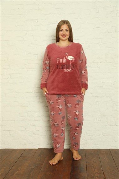 SEBOTEKS Flamingo Desenli Cepli Peluş Polar Büyük Beden Kadın Pijama Takımı 20260