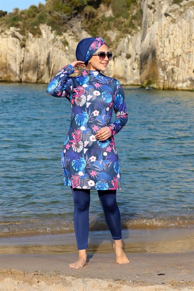 Floral Desen Tasarım Taytlı Kapalı Tesettür Mayo 2254