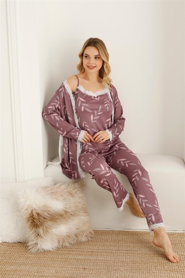 SEBOTEKS İp Askılı Floral Desenli Güpür Detaylı Sabahlıklı 3lü Pijama Takımı 20347