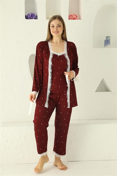 SEBOTEKS İp Askılı Kalp Desenli Güpür Detaylı Sabahlıklı 3lü Pijama Takımı 20544