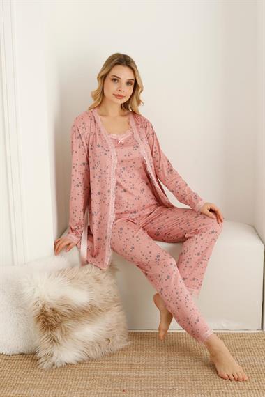 SEBOTEKS İp Askılı Yıldız Desenli Güpür Detaylı Sabahlıklı 3lü Pijama Takımı 20344