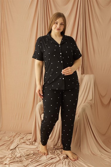 SEBOTEKS Kalp Desenli Kısa Kol Pamuklu Cepli Boydan Düğmeli Büyük Beden Kadın Pijama Takımı 58304