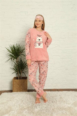 SEBOTEKS Kutup Ayılı Kar Desenli Peluş Polar Cepli Kadın Pijama Takımı 20035