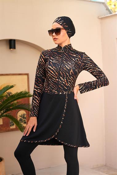 Leopar Desen Fermuarlı Pareo Model Taytlı Kapalı Tesettür Mayo 3741