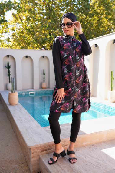 Paraşüt Kumaş Fermuarlı Jile Model Taytlı Kapalı Tesettür Mayo 3867