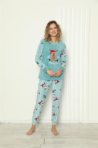 SEBOTEKS Sevimli Geyik Desenli Çizgili Peluş Polar Cepli Kadın Pijama Takımı 20288