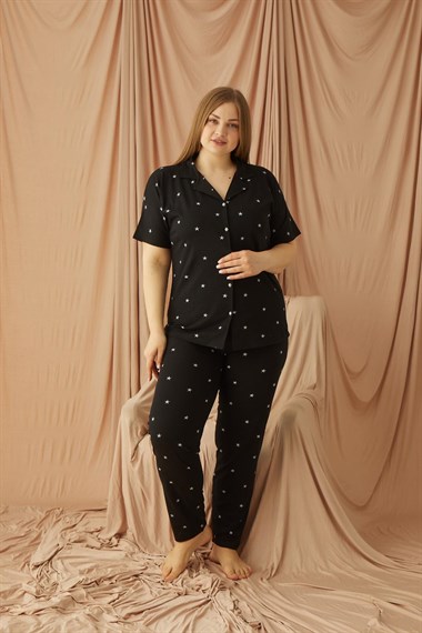 SEBOTEKS Yıldız Desenli Kısa Kol Pamuklu Cepli Boydan Düğmeli Büyük Beden Kadın Pijama Takımı 58305