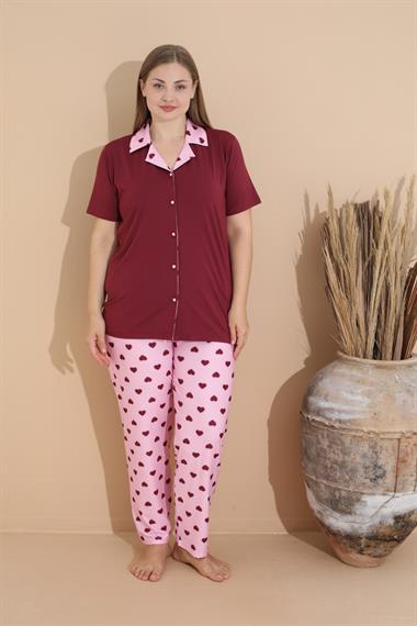Yumuşak Dokulu Milan Kumaş Önden Düğmeli Büyük Beden Kadın Pijama Takımı 11280