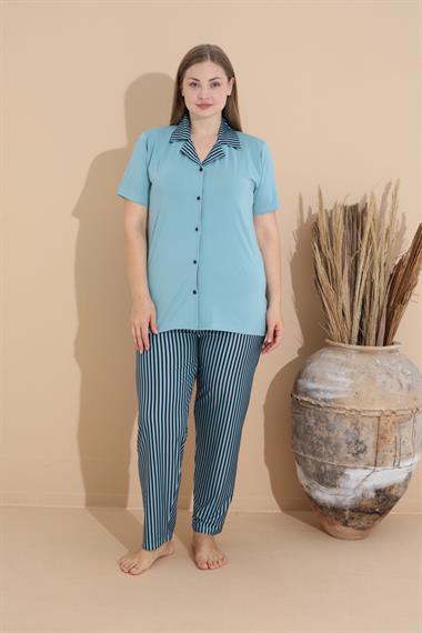 Yumuşak Dokulu Milan Kumaş Önden Düğmeli Büyük Beden Kadın Pijama Takımı 11270
