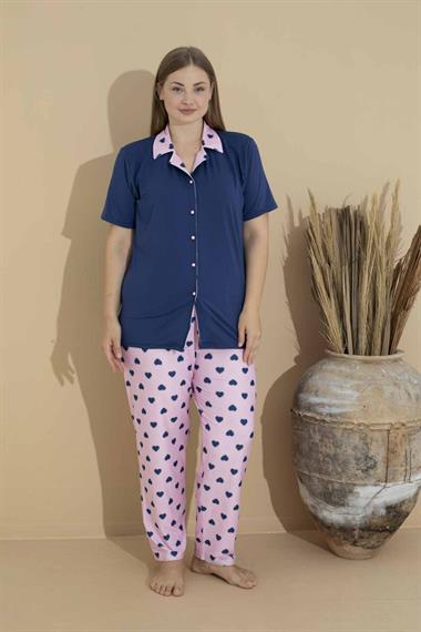 Yumuşak Dokulu Milan Kumaş Önden Düğmeli Büyük Beden Kadın Pijama Takımı 11280