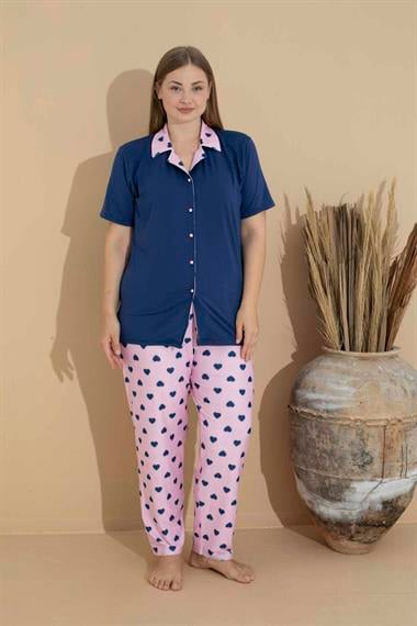 Yumuşak Dokulu Milan Kumaş Önden Düğmeli Büyük Beden Kadın Pijama Takımı 11280