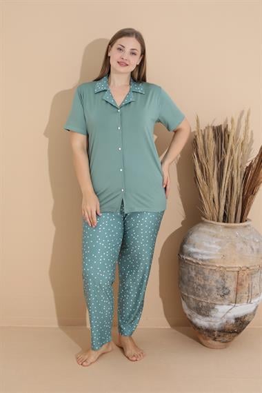 Yumuşak Dokulu Milan Kumaş Önden Düğmeli Büyük Beden Kadın Pijama Takımı 11280