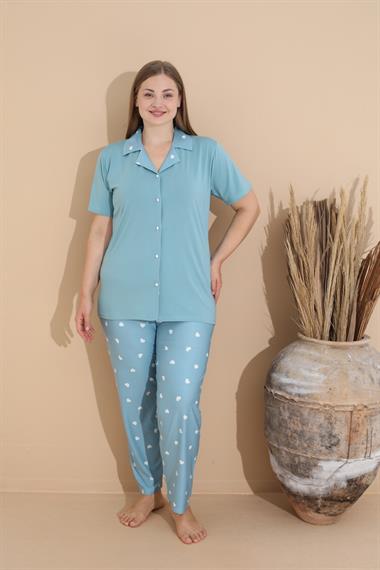 Yumuşak Dokulu Milan Kumaş Önden Düğmeli Büyük Beden Kadın Pijama Takımı 11280