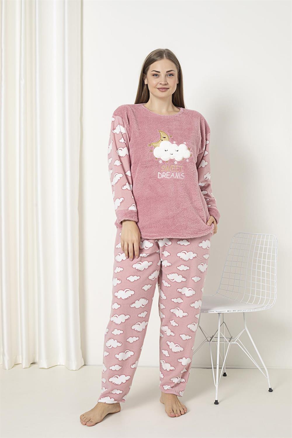 SEBOTEKS Bulut Desenli Cepli Peluş Polar Büyük Beden Kadın Pijama Takımı  5104