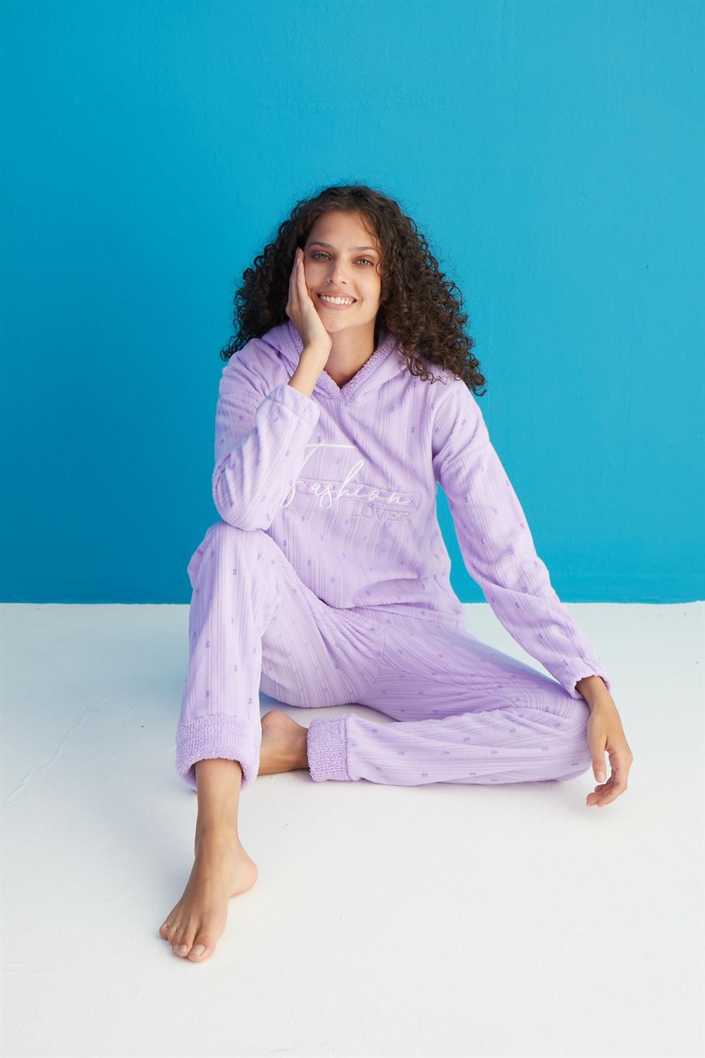 SEBOTEKS Fashion Lover Fitilli Polar Kapüşonlu Kadın Pijama Takımı 16209