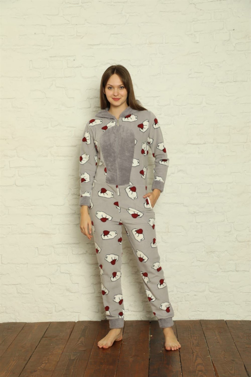 SEBOTEKS Kalpli Ayıcık Desenli Peluş Polar Kapüşonlu Fermuarlı Kadın Tulum  Pijama 20278