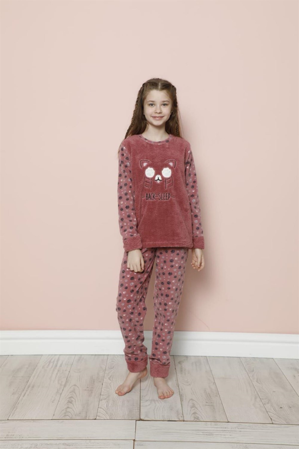 SEBOTEKS Pati Desenli Peluş Polar Kız Çocuk Pijama Takımı 20239