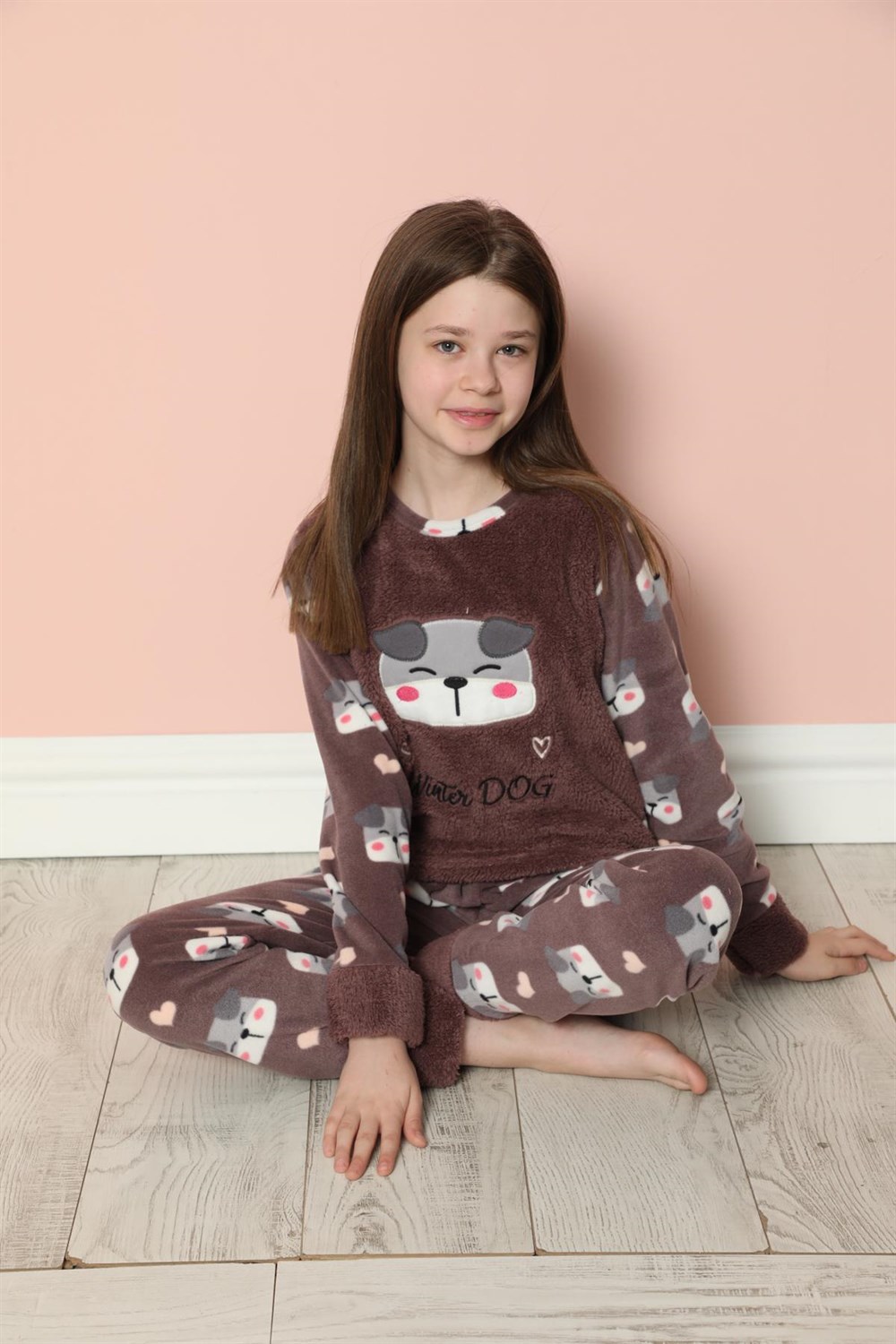SEBOTEKS Winter Dog Desenli Peluş Polar Kız Çocuk Pijama Takımı 20205