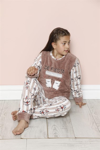SEBOTEKS Fiesta Çizgi Desenli Peluş Polar Kız Çocuk Pijama Takımı 20243