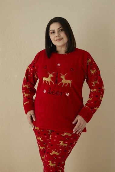 SEBOTEKS Geyik Desenli Cepli Peluş Polar Büyük Beden Kadın Pijama Takımı 20169