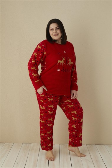 SEBOTEKS Geyik Desenli Cepli Peluş Polar Büyük Beden Kadın Pijama Takımı 20169