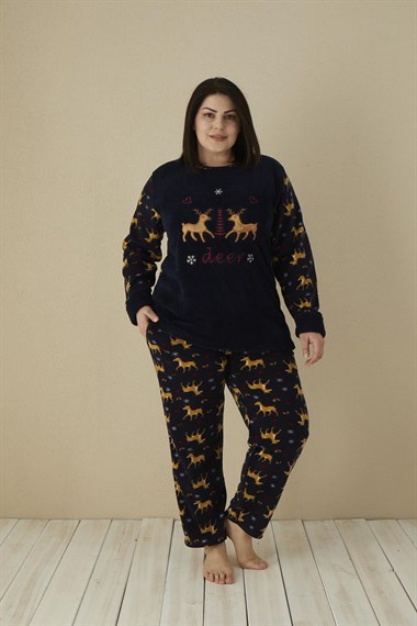 SEBOTEKS Geyik Desenli Cepli Peluş Polar Büyük Beden Kadın Pijama Takımı 20169